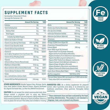 Prenatal Gummies Sugar Free 180 Count - Organics Prenatal Vitamins for Women with Folate, DHA & Probiotics - Iron Free Prenatal Vitamin Gummies for Immune & Digestive - 2 Bottles