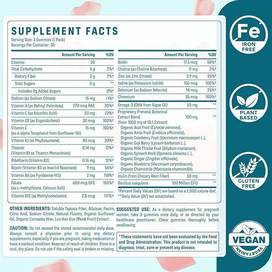 Prenatal Gummies Sugar Free 180 Count - Organics Prenatal Vitamins for Women with Folate, DHA & Probiotics - Iron Free Prenatal Vitamin Gummies for Immune & Digestive - 2 Bottles