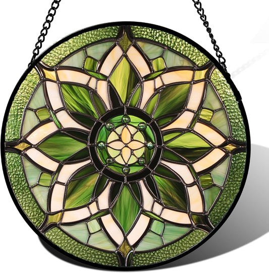 Stained Glass Window Hanging - White Green Boho Flower Suncatcher for Doors Window Home Sun Catchers Decor Christmas Mother's Day Birthday Gifts for Teacher Women Men Mom Nana 9.8 in