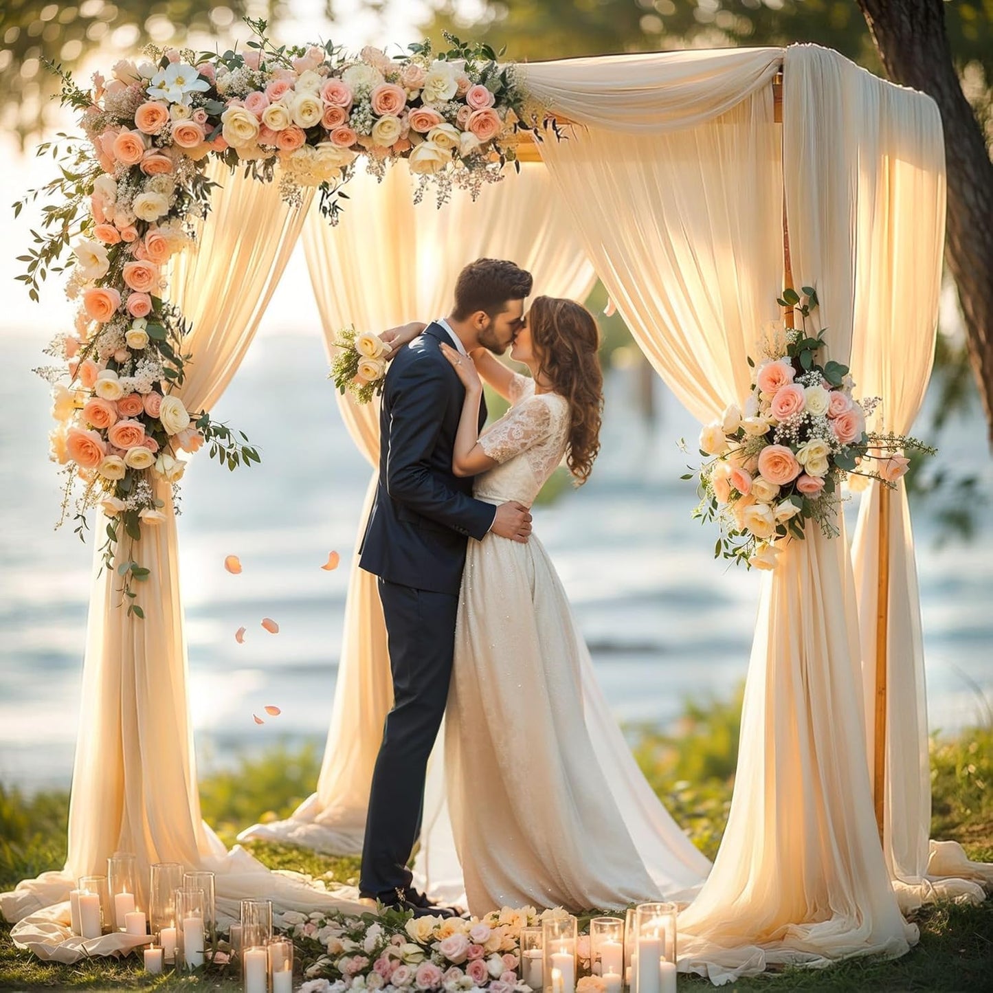 Wedding Arch Draping Fabric, 2 Panels 28" x 19Ft Champagne Backdrop Curtain, Arch Decorations Ceiling Drapes for Ceremony Party Decor