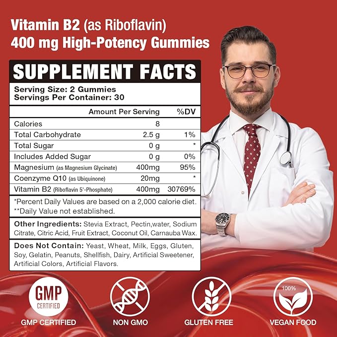 Vitamin B2 Riboflavin 400mg Gummies for Energy & Metabolism Support - Delicious Strawberries Flavor Vegan Gummies - Non-GMO, Gluten Free - 120 Count