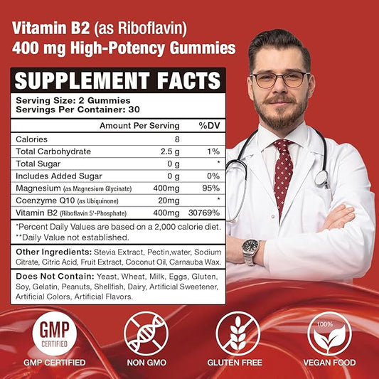 Vitamin B2 Riboflavin 400mg Gummies for Energy & Metabolism Support - Delicious Strawberries Flavor Vegan Gummies - Non-GMO, Gluten Free - 120 Count