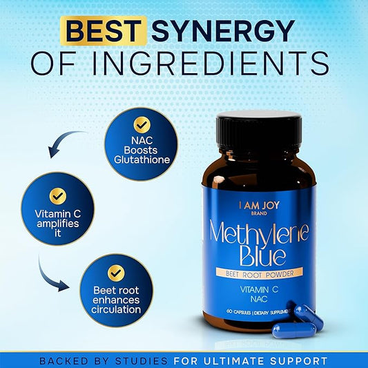Methylene Blue Capsules (USP Pharma Grade) with NAC for Antioxidant Support, Vitamin C for Absorption, Beet Root for Blood Flow, Cognitive Brain Boost, Memory, Focus & Energy 60ct