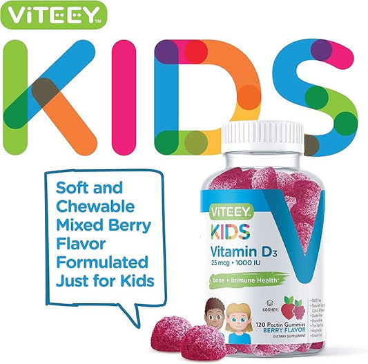 Viteey Vitamin D3 Kids Gummies 25mcg 1000 IU - Bone Health, Immune Health, Joint Muscle Support - Vegetarian, Gelatin Free, Gluten Free, GMO Free - Tasty Chewable Berry Flavored