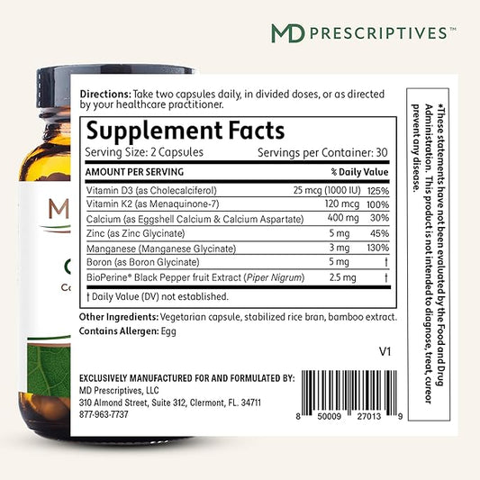 Osteo MD Bone Health Supplement - Complete Support for Strength & Mass, with Natural Vitamin D3 & K2, Calcium, & Zinc - 60 Capsules