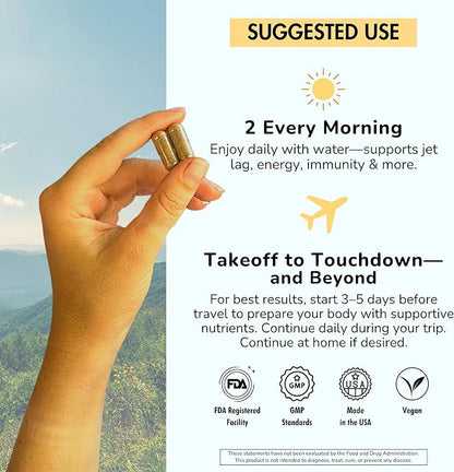 Travel Vitamin Supplement for Flight and Daily, Jet Lag, Energy, Immune, Digestion Support, Promote Calmness with Ashwagandha, Rhodiola, Chia & D3 for Better Sleep & Mood | Vegan, 60 Count