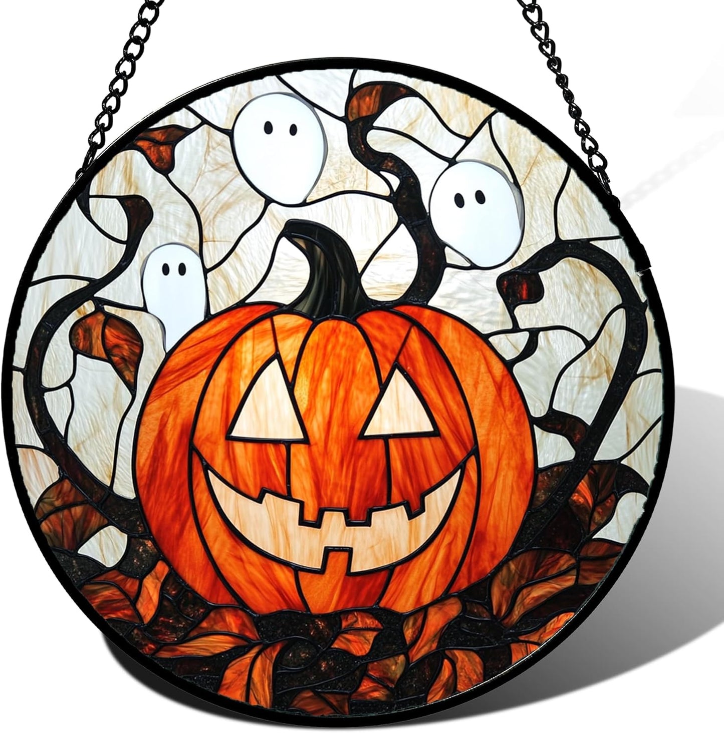 Stained Glass Window Hanging - Halloween Decorations Pumpkin Ghost Suncatcher for Doors Garden Indoor Spooky Funny Orange Sun Catchers Gothic Decor Horror Gifts for Women Men Friend 11.8 in