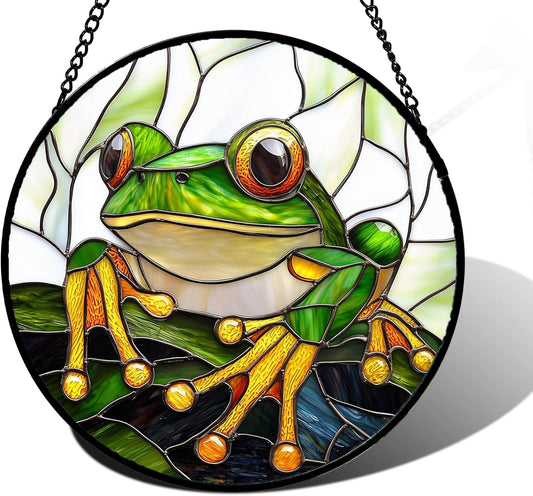 Stained Glass Window Hanging, Green Frog White Petals Sun Catchers Colorful Glass Panel Cute Suncatcher Decor for Birthday for Women, Men, Wife, Aunt, and Mom 7.8 in
