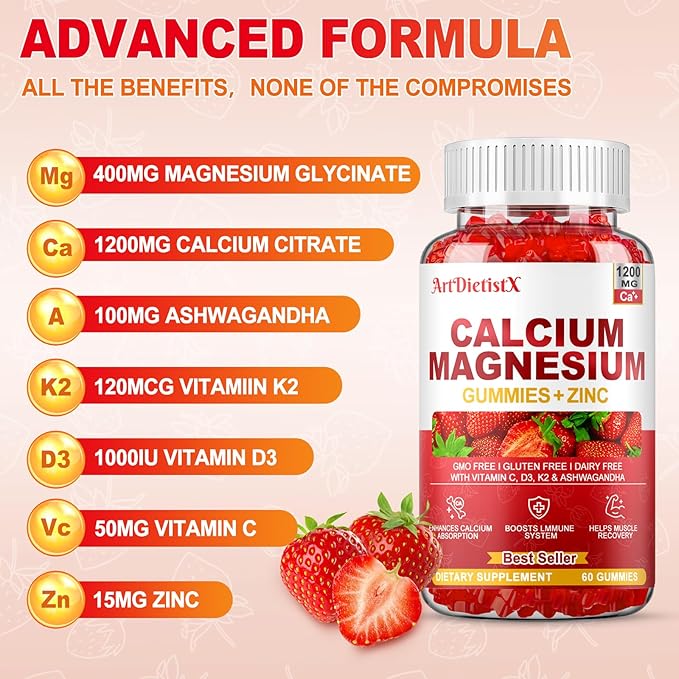 Calcium Magnesium Zinc Gummies with Vitamin D3 for Adults, Calcium Citrate 1200mg with K2, Boron, Copper and Ashwagandha, Absorption Calcium Supplement for Bone, Muscle, Immune for Men Women, 60 Count