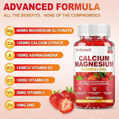 Calcium Magnesium Zinc Gummies with Vitamin D3 for Adults, Calcium Citrate 1200mg with K2, Boron, Copper and Ashwagandha, Absorption Calcium Supplement for Bone, Muscle, Immune for Men Women, 60 Count
