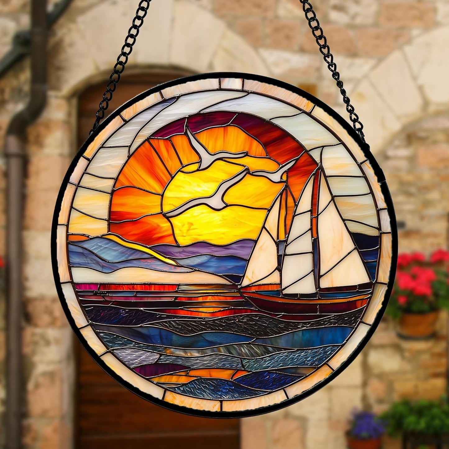 Stained Glass Window Hanging, Sun Ocean Sailboat Seagull Abstract Suncatcher Diamond Glass Panel Sun Catchers Decor for Birthday for Women, Men, Wife, Aunt, and Mom 6.3 in