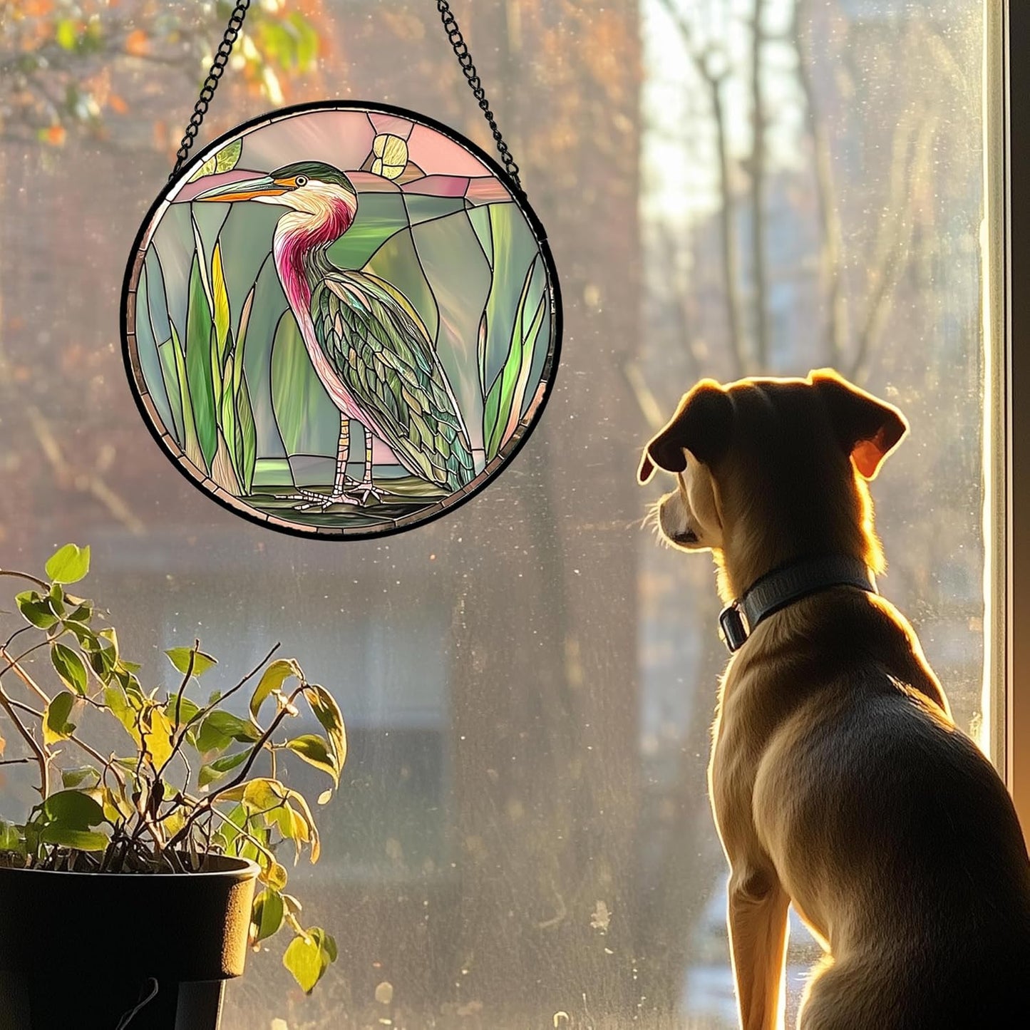 Stained Glass Window Hanging 4 Pcs Set Cute Animal 7.8"- Green Plant Pink Suncatcher Door Garden Sun Catcher Decor Birthday Christmas for Mom Woman Nana Men Friend