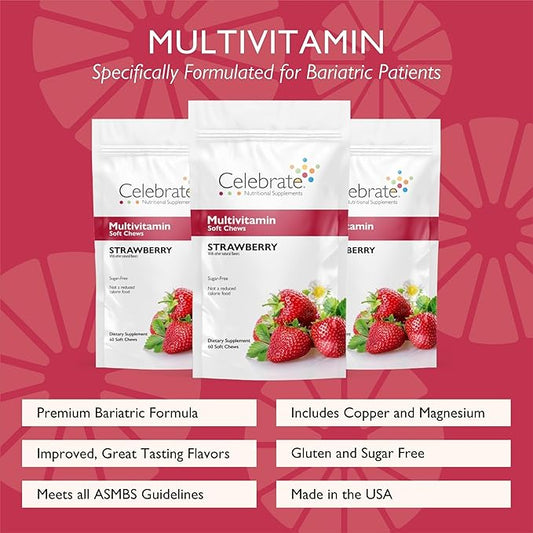 Celebrate Vitamins Bariatric Multivitamin Soft Chews - Essential Vitamins & Minerals, Sugar & Gluten Free - Gastric Bypass & Sleeve Gastrectomy Supplement - Strawberry (180ct)