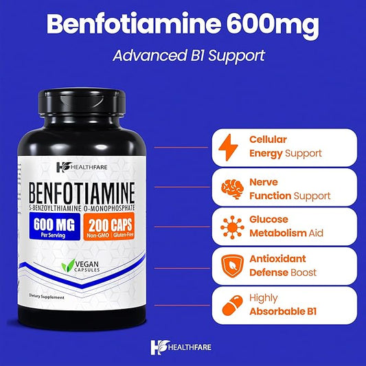 Benfotiamine 600mg | 200 Veg Capsules | Enhanced Absorption | Supports Overall Health | Increased Bioavailability