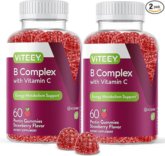 Viteey Vitamin B Complex Gummies with Vitamin C - Energy, Metabolism & Immune Support - B6, B12, Niacin, Folic Acid, Biotin, Calcium - Vegan, Gluten-Free - 120 Count