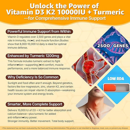 Vitamin D3 K2 Gummies & Turmeric for Women & Men, Vitamin D3 5000IU / 10000IU, K2 (MK-7) 200mcg Supplements with Turmeric 1200mg, Calcium, Magnesium, Zinc, Supports Bone, Teeth, Muscle & Immune, 2PACK