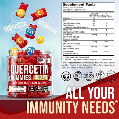 2 Pack - JOYLI Quercetin Gummies with Bromelain, Zinc, Vitamin C & D3 – Sugar-Free Quercetin Supplement for Immune Support & Seasonal Wellness – 500mg Quercetin for Kids & Adults – 60 Gummies per Pack