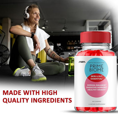 Prime Biome Gummies PrimeBiome Skin & Gut Support Gummy Formula, PrimeBiome Overall Health & Wellness Vitamin B12 B6 Folic Acid Support Supplement, Prime Biome Advanced Supplement Formula (60 Gummies)