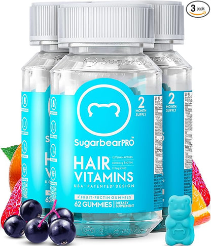 SugarBearPro Hair Vitamin Gummy 6 Month Supply Extra Strength Biotin 6000mcg, Growth for Men & Women, Vegan Vitamin B12, MSM, Inositol, Omega 3, Elderberry, Certified Kosher, Halal, Cruelty-Free