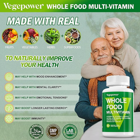 Vegan Whole Food Multivitamin with Iron, Daily Multivitamin for Men and Women, Methylated Multi Vitamins, B-Complex, Fruits & Vegetables, Enzymes, Omegas, Mushroom, Non-GMO, 90 Count