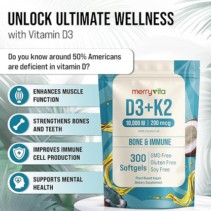 Vitamin D3 K2 300 Softgels – 10000 IU & 200 MCG K2 MK7 – Plant-Based, Vegan, Non-GMO, Gluten-Free – Coconut Oil – Immune, Bone & Muscle Support – D3 con K2 vitamina Supplement