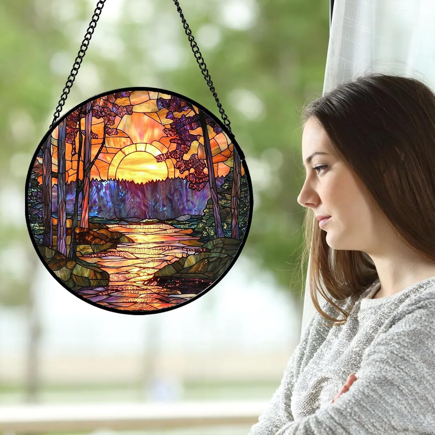 Stained Glass Window Hanging, Orange Landscape Green Purple Lake Forest Suncatcher for Doors Window Home Sun Catchers Decor Mother's Day Birthday Gifts for Women Men Mom 7.8 in