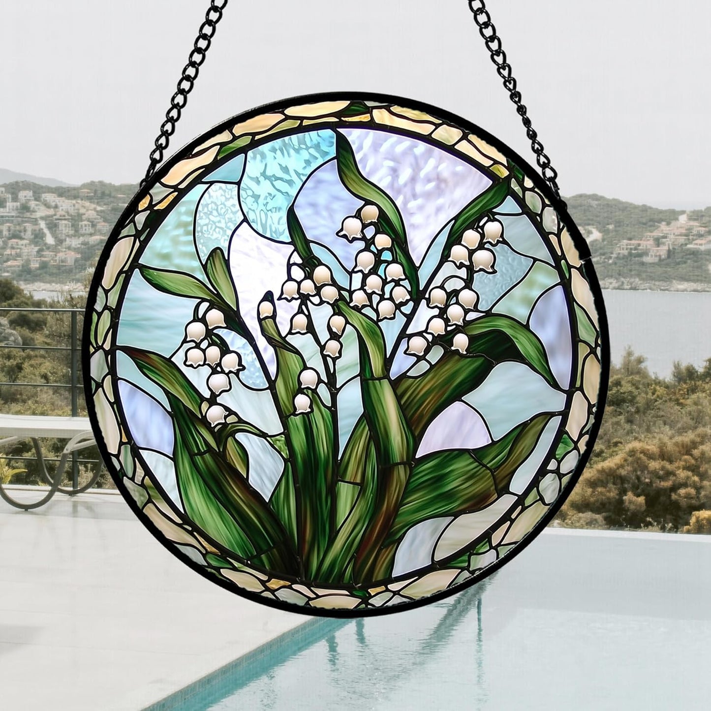 Stained Glass Window Hanging, White Green Lily of The Walley Flowers Sun Catcher for Door Home Decor Plants Suncatcher Christmas Mother's Day Birthday Gifts for Women Men Mom Nana 11.8 in