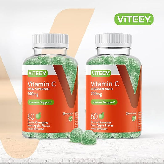Viteey Vitamin C Gummies for Adults & Teens, 700mg Extra Strength - Immune Support Gummies - Immune Booster - Vegan, Gelatin Free -Tasty Vitamin C Chewable Sour Apple Flavored Gummy-60 Count
