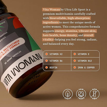 Ultra Life Sport - VITA Woman Premium Multivitamin for Women - 30 Capsule Daily Vitamins for Women with Vitamin E, K2 MK-7, and B for Maximum Absorption - 100% Vegan, Organic, Non-GMO, Gluten Free