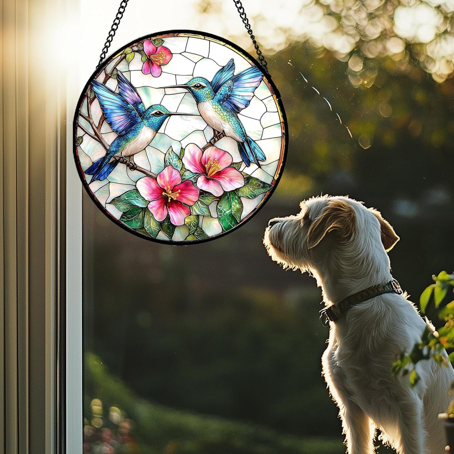 Stained Glass Window Hanging - Blue White Hummingbirds Pink Flowers Suncatcher for Door Terrace Garden Home Decor Bird Sun Catcher Birthday Gifts for Lovers Women Men Dad Mom Nana 9.8 in