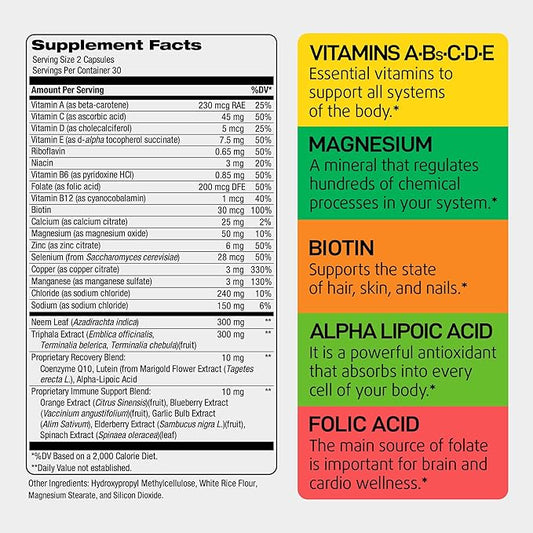 Daily Multivitamin for Energy & Immune Support - Zinc, Vitamins A B6 B12 C D E, Biotin, Lutein, Folate, Folic Acid, Selenium, Copper, Calcium 25mg - Multimineral Supplement for Women Men, 60 Capsules