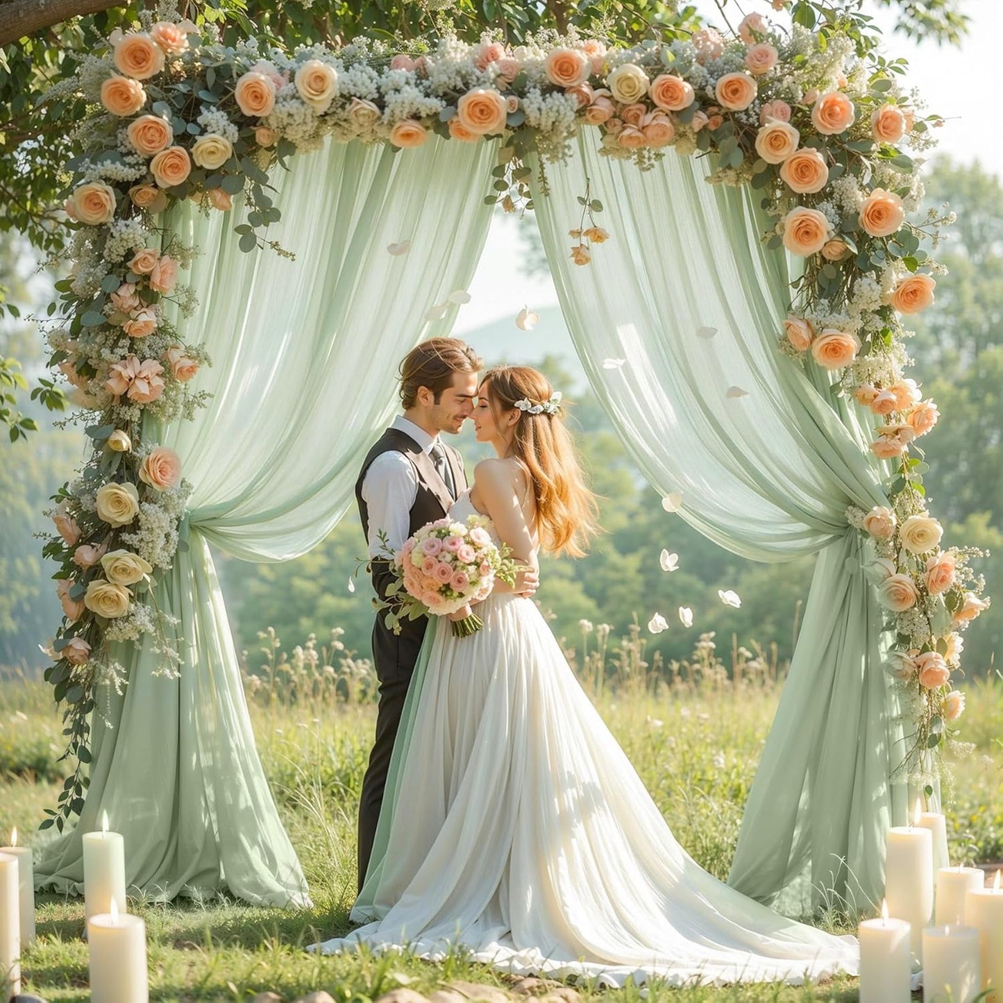 Wedding Arch Draping Fabric, 2 Panels 19FT Sage Green Arch Drapes Chiffon Fabric Drapery for Wedding Arch Decorations Ceremony Reception Party Ceiling Backdrop