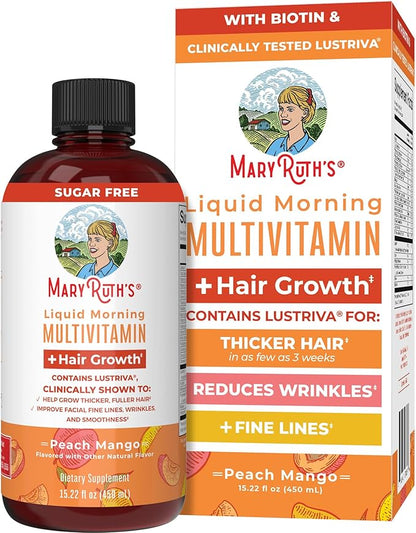 MaryRuth's Liquid Multivitamin + Hair Growth | Biotin 10000mcg | Lustriva Hair Growth Supplement | Clinically Tested in Women for Thicker Hair & Facial Wrinkles | Skin Care | Ages 18+ | 15.22 Fl Oz