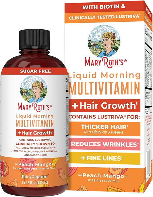 MaryRuth's Liquid Multivitamin + Hair Growth | Biotin 10000mcg | Lustriva Hair Growth Supplement | Clinically Tested in Women for Thicker Hair & Facial Wrinkles | Skin Care | Ages 18+ | 15.22 Fl Oz