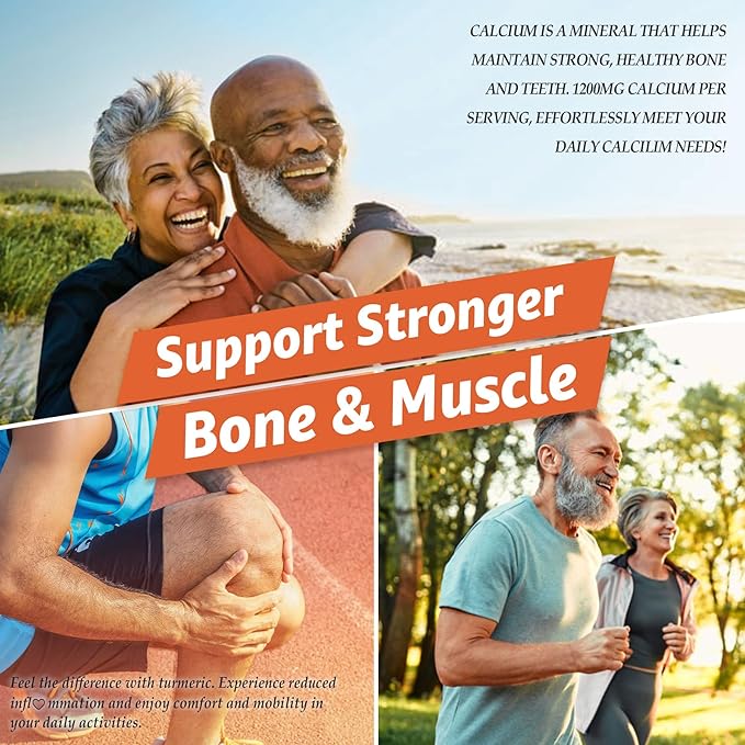 Calcium 1200 mg with Vitamin D3 Gummies - Calcium + Turmeric Supplement for Women and Men with Vitamin K2 B12 - Support Bone & Muscle - Sugar Free - Vegan (60 Count)