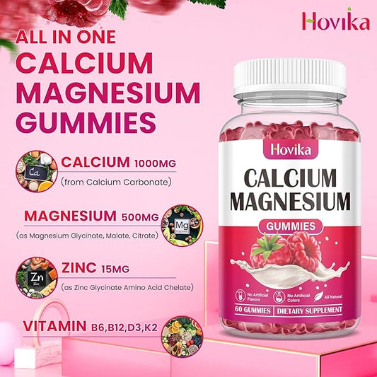 Calcium Magnesium Zinc Gummies-Calcium Magnesium 2:1 Ratio with Vitamin D3, K2, B6, B12 for Bone Strength, Muscle Function & Nerve Health, Extra Absorption Formula, Vegan, Raspberry Flavor 120 Gummies