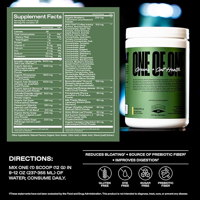 ONE of ONE Greens & Gut Health – Superfood Greens Powder with Prebiotics, Probiotics & Digestive Enzymes for Gut Health, Immunity & Energy, No Artificial Sweeteners - Pineapple, 30 Serving