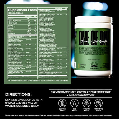 ONE of ONE Greens & Gut Health – Superfood Greens Powder with Prebiotics, Probiotics & Digestive Enzymes for Gut Health, Immunity & Energy, No Artificial Sweeteners - Pineapple, 30 Serving