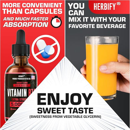 HERBIFY Vitamin B12 Methylated Multivitamin Energy Supplements for Women & Men - Liquid B12 Vitamins 5000 Mcg Methylcobalamin - Energy Support and Immune Health Liquid Vitamin 2 Oz