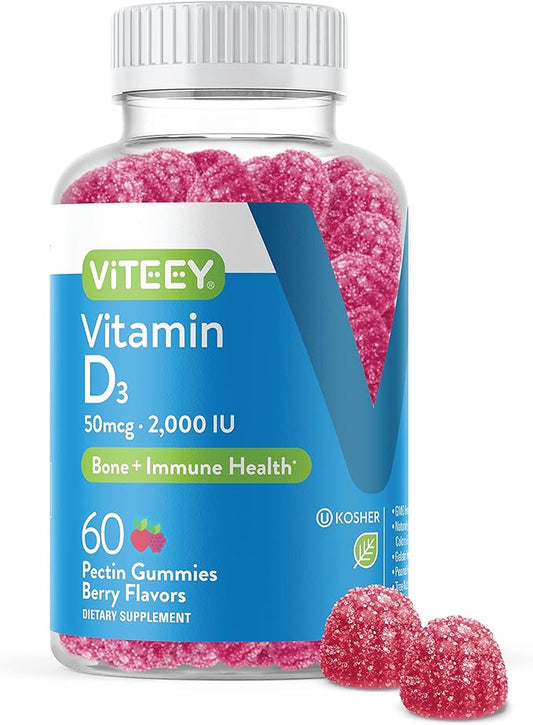Viteey Vitamin D3 Gummies for Adults & Teens - 2,000 IU, 50mcg, Regular Strength - Muscle Health, Immune Boost - Chewable Vitamin D Gummies - Vegetarian, Gelatin Free - Tasty Berry Flavored Gummy
