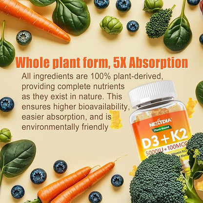 Vitamin D3 K2 Gummies 5000IU / 10,000 IU with Omega-3 250mg + K2(MK-7) 100mcg - 5X Absorption Than Standard D3K2,with Vitamin C, Zinc,and 5 Organic Vegetables,Supports Bone & Teeth Strength, Immune