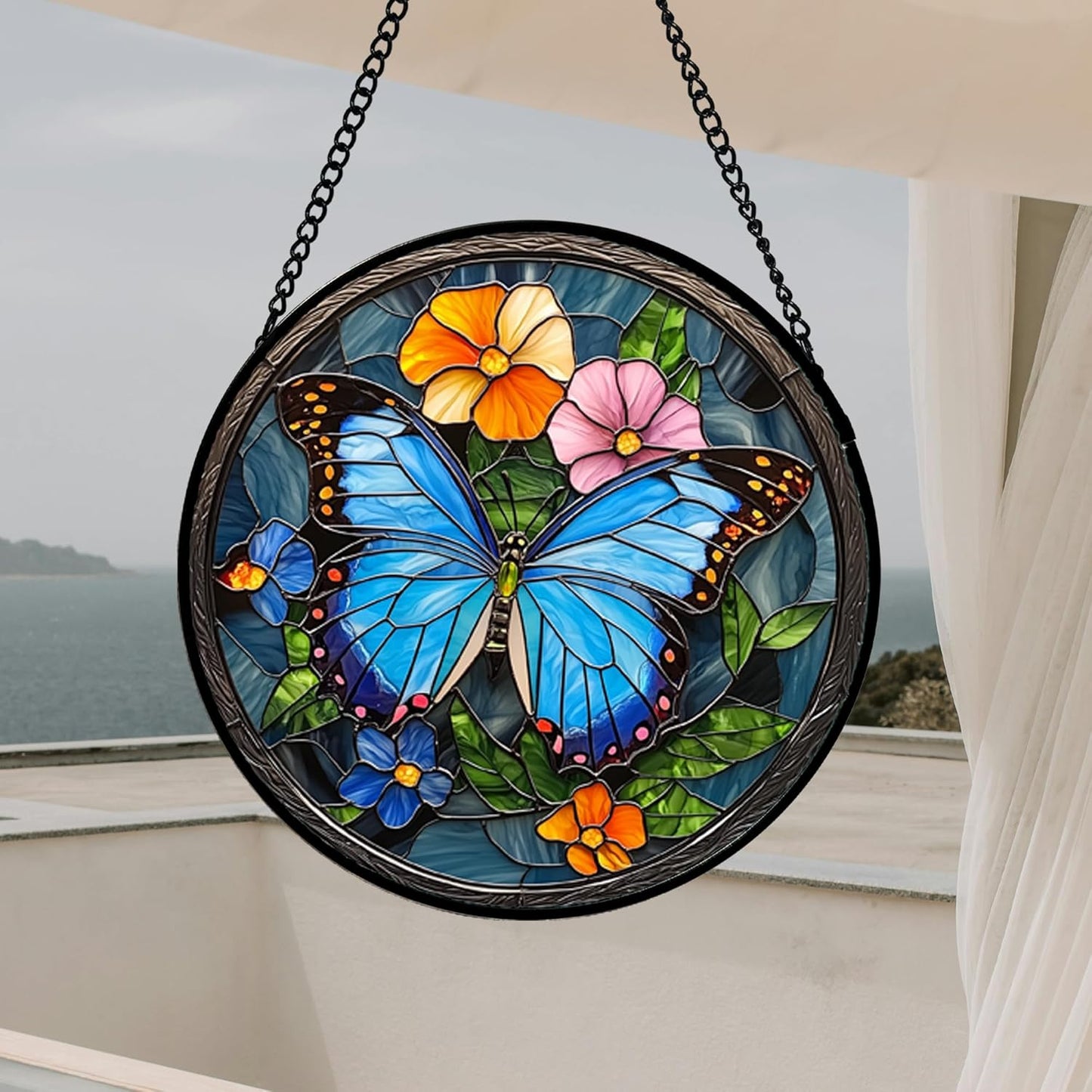 Stained Glass Window Hanging, Blue Butterfly Flower Suncatcher for Doors Home Sun Catchers Decoration and Christmas, Mother's Day Birthday Gifts for Women, Men, and Mom 6.3x6.3 in