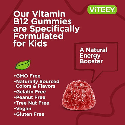 Viteey Vitamin B12 for Kids Gummies, 1000mcg - Metabolism, Natural Energy Support - Vegan, Gelatin Free, Gluten Free, GMO Free - Tasty Chewable B12 Raspberry Flavored Gummy