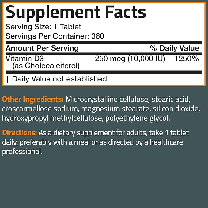Bronson Vitamin D3 10,000iu (250mcg) 1 Year Supply for Healthy Muscle Function and Immune Support, Non-GMO, 360 Tablets