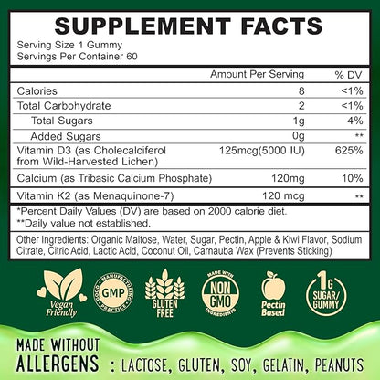 Center-Filled Vitamin D3 K2 Gummies - Kids, Teens & Adults - Supplement for Healthy Teeth, Bone, Energy & Immunity - 5000 IU D3, 120 mcg K2(MK-7), 120 mg Calcium - Vegan & Non-GMO - 60 Count