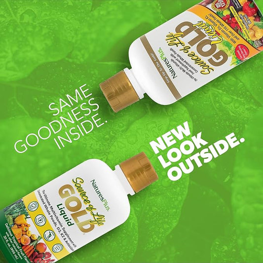 Natures Plus Source of Life Gold Multivitamin Liquid - 30 oz - with Vitamins D3, B12 & K2 - Blood, Bone & Immune Support - Vegetarian & Gluten Free - 30 Servings