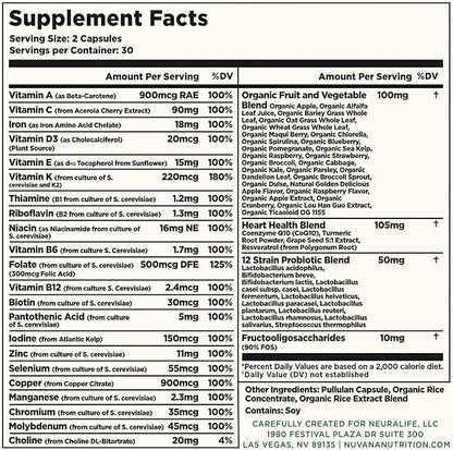 Multifood Whole Food Multivitamin for Men & Women | 21 Organic Fruits & Vegtables | Boosts Energy, Supports Gut & Immune Health | Prebiotics & Probiotics | 60 Capsules