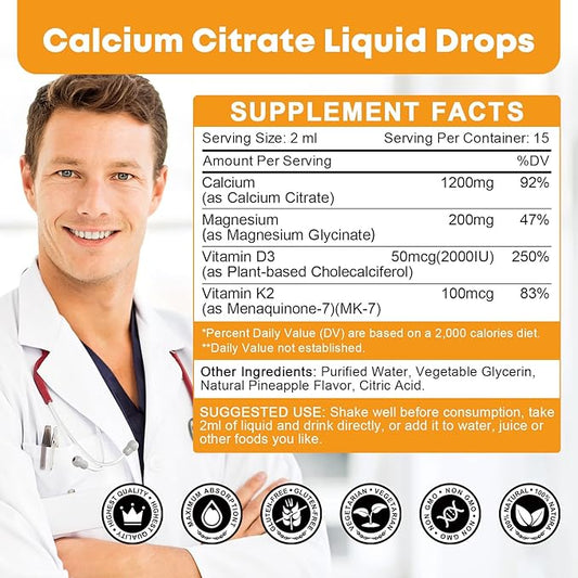 Calcium Citrate Supplement – Calcium Citrate 1200mg with Vitamin D3 Drops | Highly Absorbable | Non-GMO, Gluten-Free | Bones, Teeth & Muscle Support - 1 Fl Oz (2 Pack)