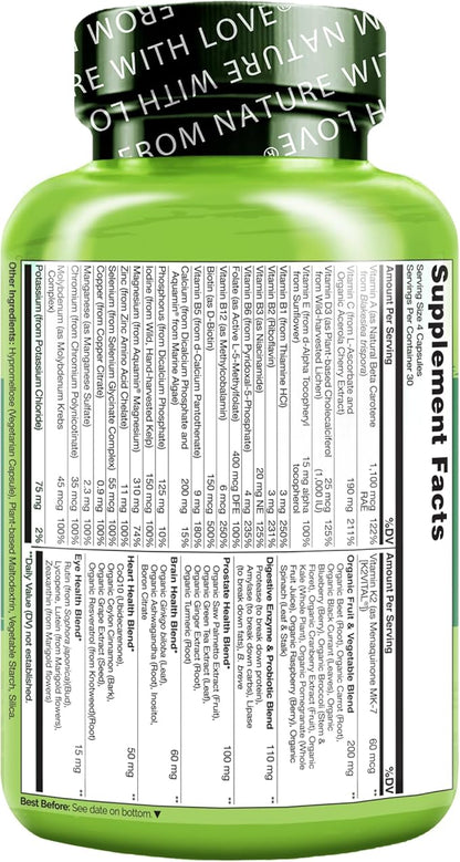 NATURELO Whole Food Multivitamin for Men 50+ - with Vitamins, Minerals, Organic Herbal Extracts - Vegan Vegetarian - for Energy, Brain, Heart and Eye Health - 120 Capsules