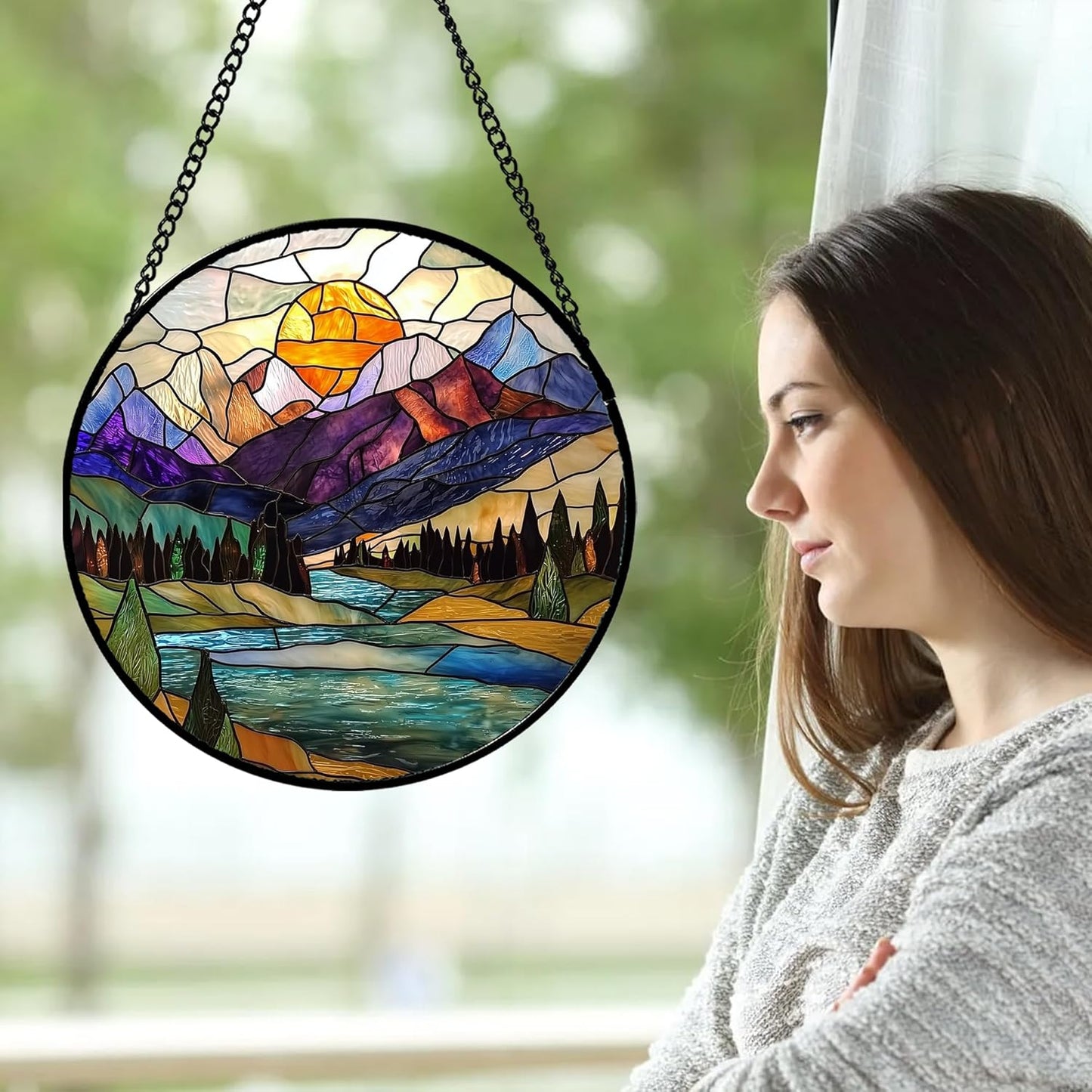 Stained Glass Window Hanging, Blue Lake Golden Sun Abstract Mountains Landscape Suncatcher for Doors Window Home Sun Catchers Decor Mother's Day Birthday Gifts for Women Men Mom 11.8 in